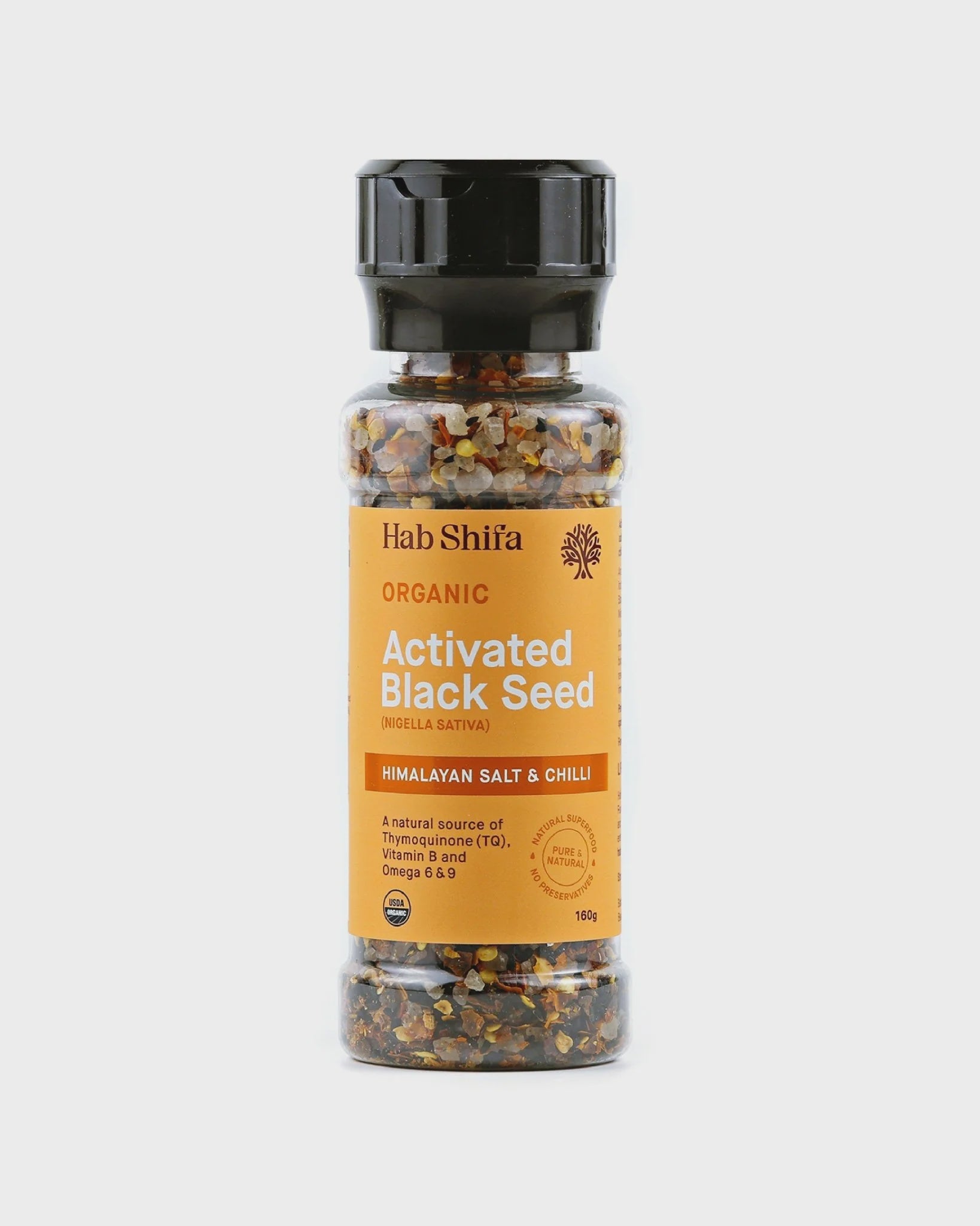 Hab Shifa Organic Activated Black Seed with Himalayan Salt & Chilli Grinder 200g